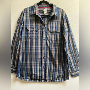 North Face blue grey checker striped button up  long sleeve cotton shirt Sz L
